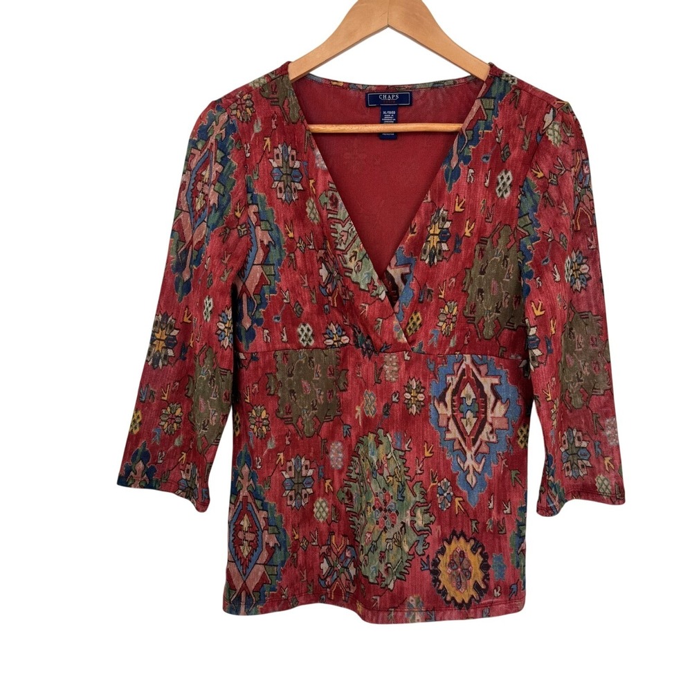 Chaps Top Woments XL Orange Red Polyester Layered Sheer Sleeves Western Aztec